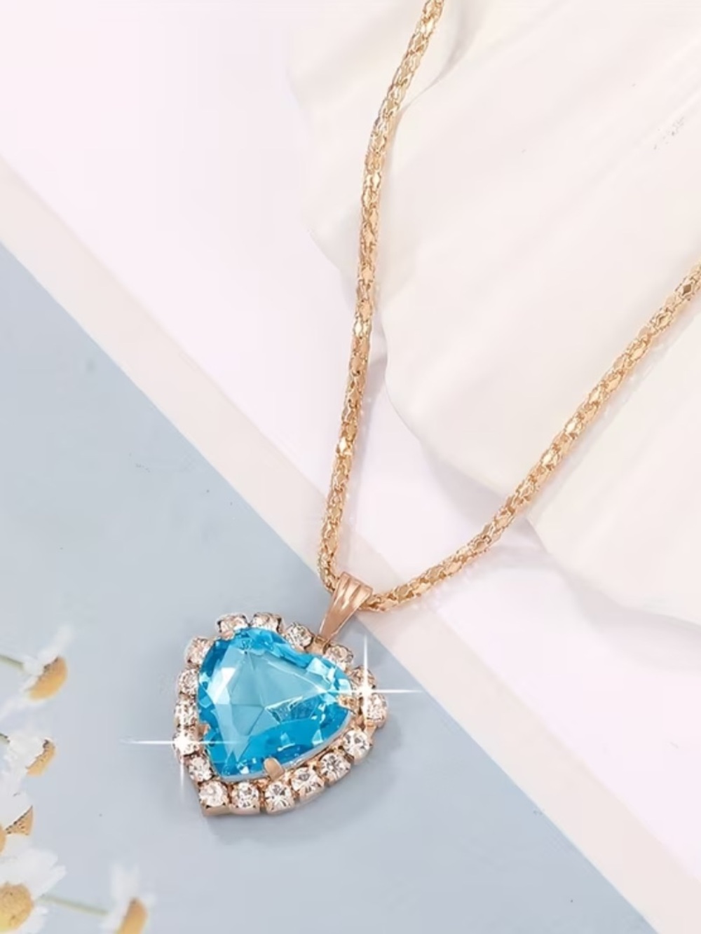 Gold-Heart Blue Crystal Pendant Necklace